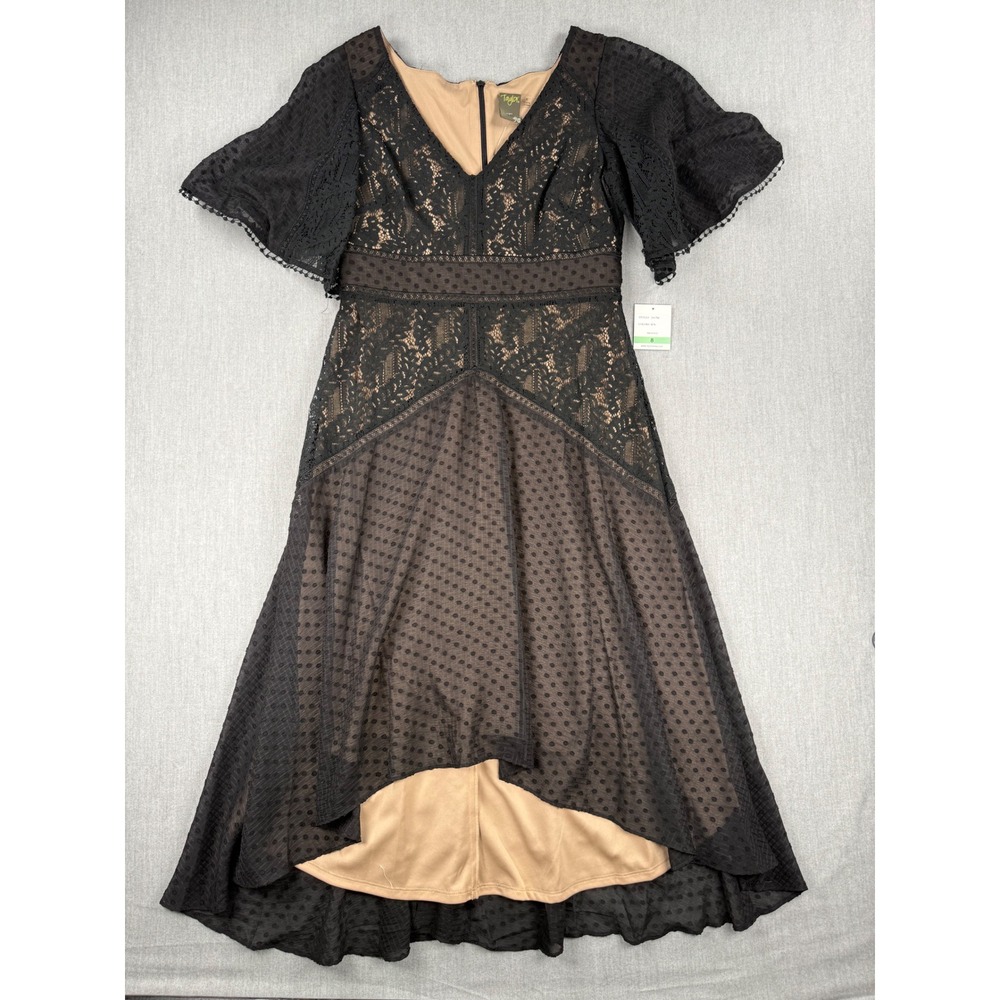 Taylor Black Lace Swiss Dot High-Low Dress Flutter Sleeve 2017M New With Tags 8